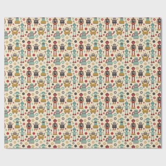 Spaß-Retro Roboter-illustriertes Muster (Creme) Geschenkpapier (Flach)