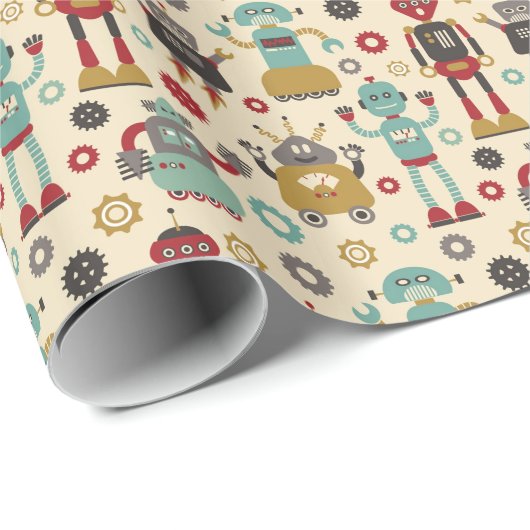 Spaß-Retro Roboter-illustriertes Muster (Creme) Geschenkpapier (Rolleneckpunkt)
