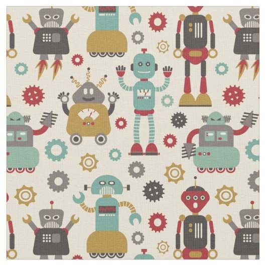Spaß-Retro Roboter-illustriertes Muster (Creme) Stoff (Nahaufnahme)