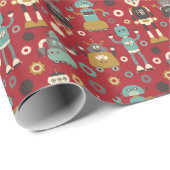 Spaß-Retro Roboter-illustriertes Muster (rot) Geschenkpapier (Rolleneckpunkt)