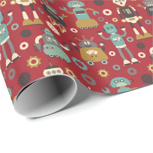 Spaß-Retro Roboter-illustriertes Muster (rot) Geschenkpapier (Rolleneckpunkt)
