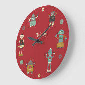 Spaß-Retro Roboter-illustriertes Muster (rot) Große Wanduhr (Winkel)