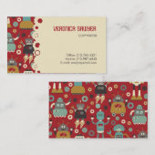 Spaß-Retro Roboter-illustriertes Muster (rot) Visitenkarte (Vorne/Hinten)