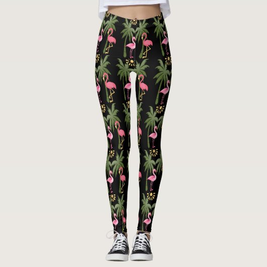 Spaß! Rosa Flamingos u. Palmen auf Schwarzem Leggings (Vorderseite)