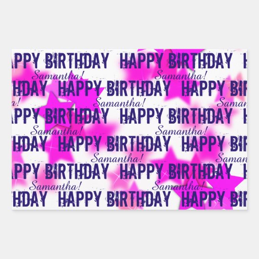 Spaß Rosa/Lila Stars Individuelle Name Glücklich G Geschenkpapier Set (Vorderseite)