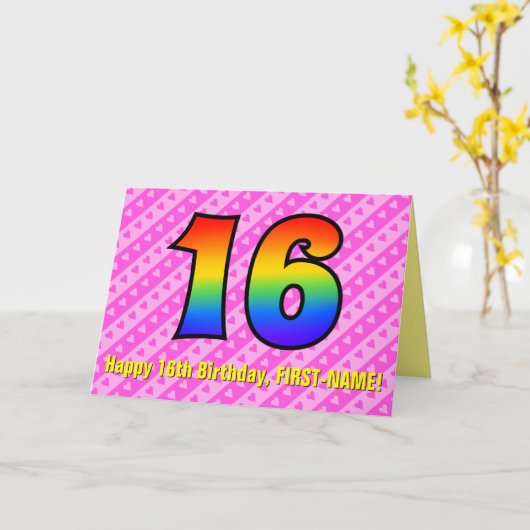 Spaß Rosa Streifen, Herz, Regenbogen # 16. Geburts Karte (Gelbe Blume)