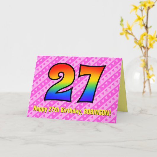 Spaß Rosa Streifen, Herz, Regenbogen # 27. Geburts Karte (Gelbe Blume)