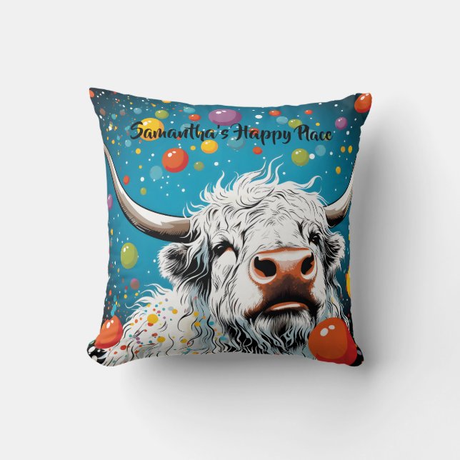 Spaß schottische Highland Kuh mit Blasen. bearbeit Kissen (Vorderseite)