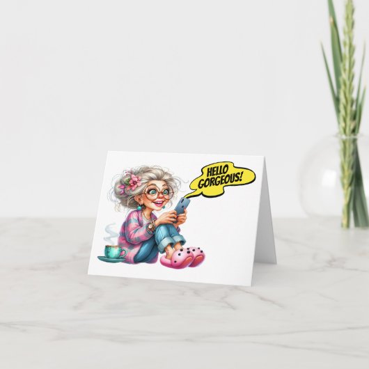 Spaß Senior mit Kaffee und Handy (Vorderseite)