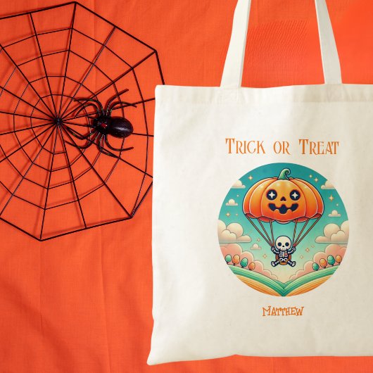 Spaß, Spooky Pumpkin Fallschirm Skelett Halloween Tragetasche