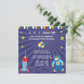 Spaß sprengen weg Raumschiffjungen, Geburtstags-, Einladung (Stehend Vorderseite)