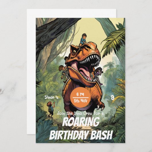 Spaß T-Rex Ride, Join the Dino Adventure! Geburtst Einladung (Vorne/Hinten)