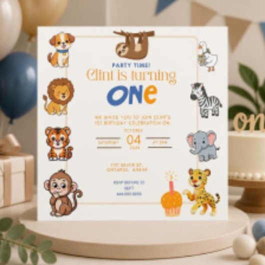 Spaß Tiere 1. Geburtstag Einladung
