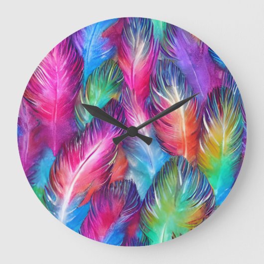 Spaß Trendy Colorful Feather Gemustert Große Wanduhr (Vorderseite)
