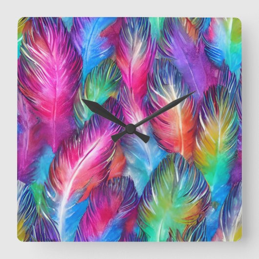 Spaß Trendy Colorful Feather Gemustert Quadratische Wanduhr (Vorderseite)