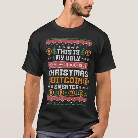 Spaß UGLY CHRISTMAS BITCOIN Imitats Strick Muster T-Shirt (Vorderseite)
