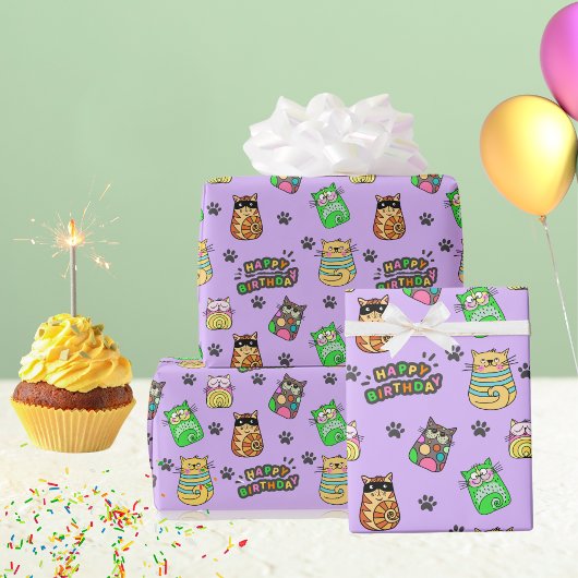Spaß und buntes Glück Geburtstagskatzen Geschenkpapier