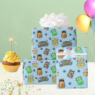 Spaß und buntes Glück Geburtstagskatzen Geschenkpapier