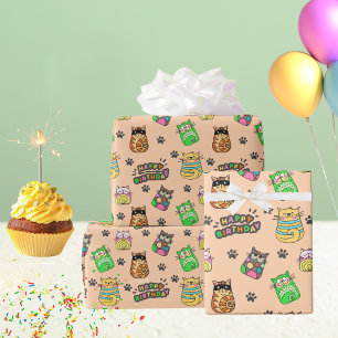Spaß und buntes Glück Geburtstagskatzen Geschenkpapier