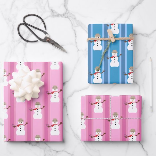 Spaß und Extravagant Pink & Blue Snowman Detective Geschenkpapier Set (Vorderseite)