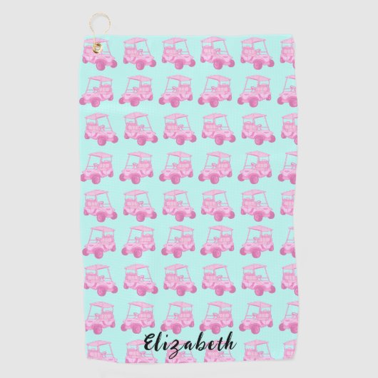 Spaß und niedlich rosa und aquamariner Golfwagen i Golfhandtuch (Vorderseite)