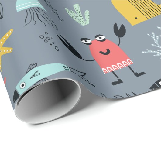 Spaß unter dem Meer niedlichen Cartoon Ozeantiere Geschenkpapier (Rolleneckpunkt)