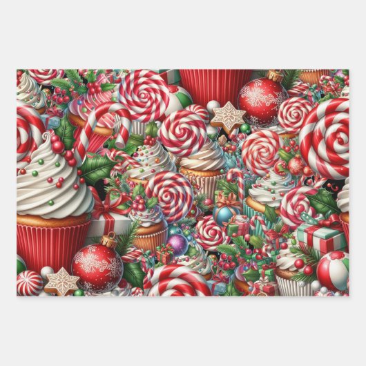 Spaß Weihnachten Cupcakes Roter Streifen Canes Geschenkpapier Set (Vorderseite 3)
