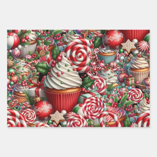 Spaß Weihnachten Cupcakes Roter Streifen Canes Geschenkpapier Set (Vorderseite 2)