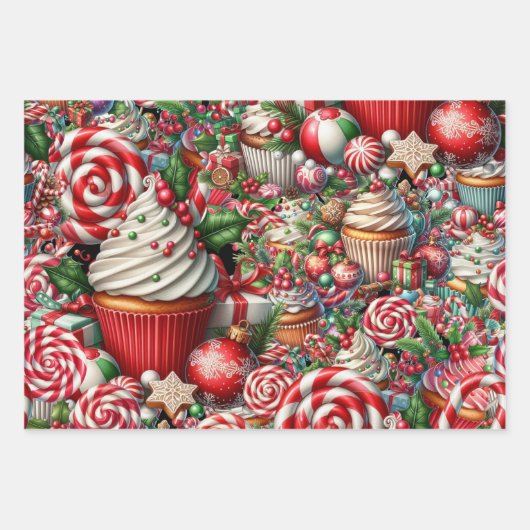 Spaß Weihnachten Cupcakes Roter Streifen Canes Geschenkpapier Set (Vorderseite)