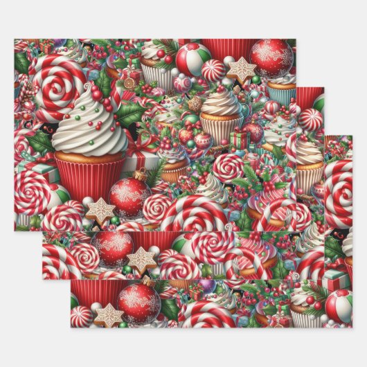 Spaß Weihnachten Cupcakes Roter Streifen Canes Geschenkpapier Set (Set)