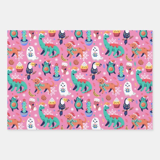Spaß Weihnachten Dinosaurier Dog Parrot Avocado Ca Geschenkpapier Set (Vorderseite 2)