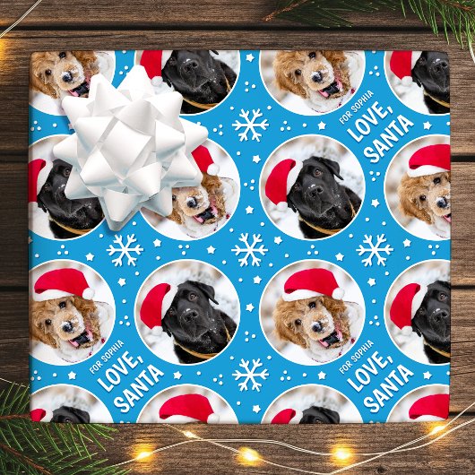 Spaß Weihnachten Liebe Santa Custom Foto Name Blau Geschenkpapier