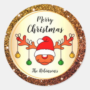 Spaß Weihnachten Niedlicher Reindeer Orange Glitze Runder Aufkleber