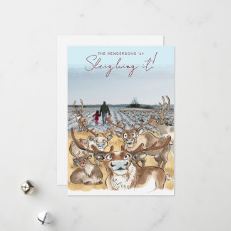 Spaß Weihnachten Rentierferien Fotokarte Blau