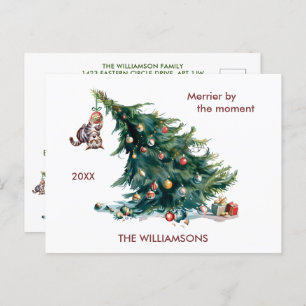 Spaß Weihnachtsbaum Dangling Cat Foto Feiertagspostkarte