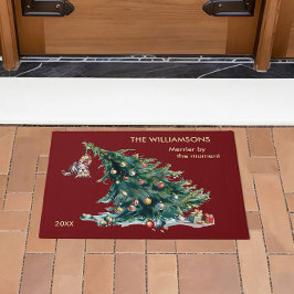 Spaß Weihnachtsbaum Dangling Cat Foto Fußmatte