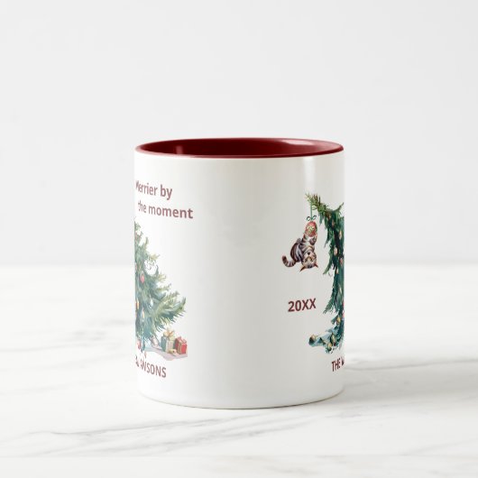 Spaß Weihnachtsbaum Dangling Cat Personalize Zweifarbige Tasse (Mittel)