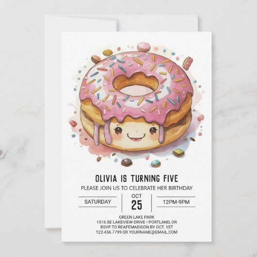 Spaß Whimsical Donuts Geburtstag Einladung (Vorderseite)