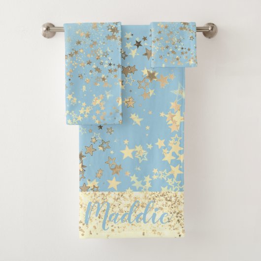 Spaß Whimsical Gold Stars auf Blue Personalisiert Badhandtuch Set (Insitu)