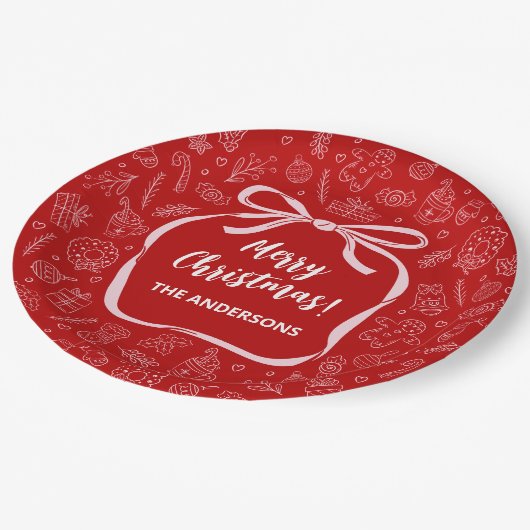 Spaß Whimsical Hand Drawn Bow Weihnachten Pappteller (Schrägansicht)