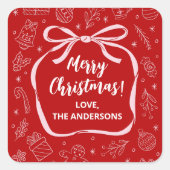 Spaß Whimsical Hand Drawn Bow Weihnachten Quadratischer Aufkleber (Vorderseite)