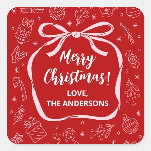 Spaß Whimsical Hand Drawn Bow Weihnachten Quadratischer Aufkleber (Vorderseite)