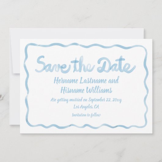 Spaß Whimsical Hand gezogen Wavy Light Blue Weiß Save The Date (Vorderseite)