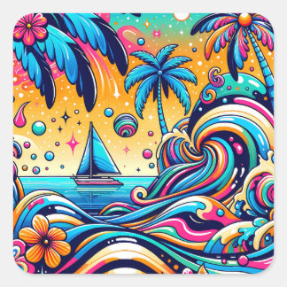 Spaß Whimsical Psychedelic Sailboat Quadratischer Aufkleber