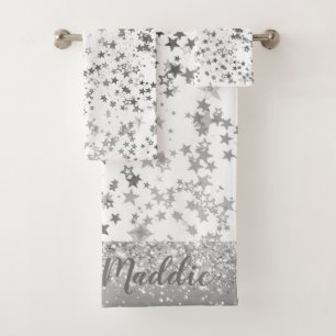Spaß Whimsical Silber Stars auf Weiß Personalisier Badhandtuch Set