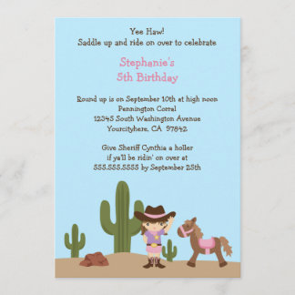 Spaßcowgirl-Westernmädchen-Geburtstags-Party Einladung