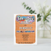 Spaßgraffiti-Wandfamilien-Wiedersehen Save the Ankündigungspostkarte (Stehend Vorderseite)