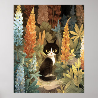 Spaßhafte Katze sitzt zwischen lebendigen Lupinenb Poster