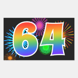 Spaßige Feuerwerk + Regenbogen-Muster "64" Ereigni Rechteckiger Aufkleber