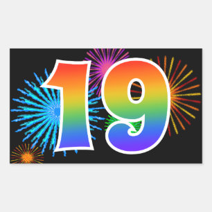 Spaßige Feuerwerk + Regenbogenmuster "19" Ereignis Rechteckiger Aufkleber